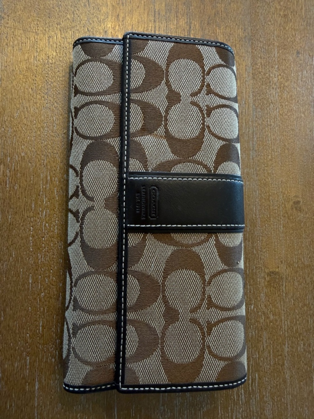 Coach Signature Jacquard Tri-fold Checkbook Wallet Khaki Brown Leather Trim